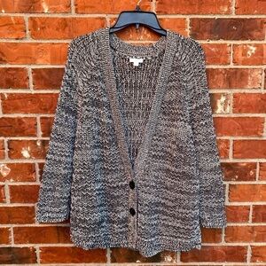 J. Jill Womens Large Gray Black Chunky Crochet Knit Grandpa Cardigan Sweater